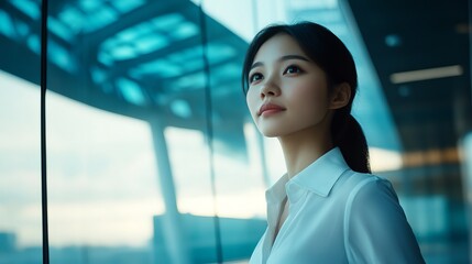 Young Businesswoman Contemplating Future While Looking Out Window in Modern Office Setting