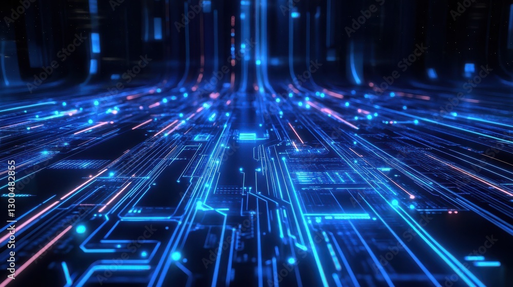 Poster neon glowing digital technology circuit board in computer. futuristic glowing bright blue color. abs