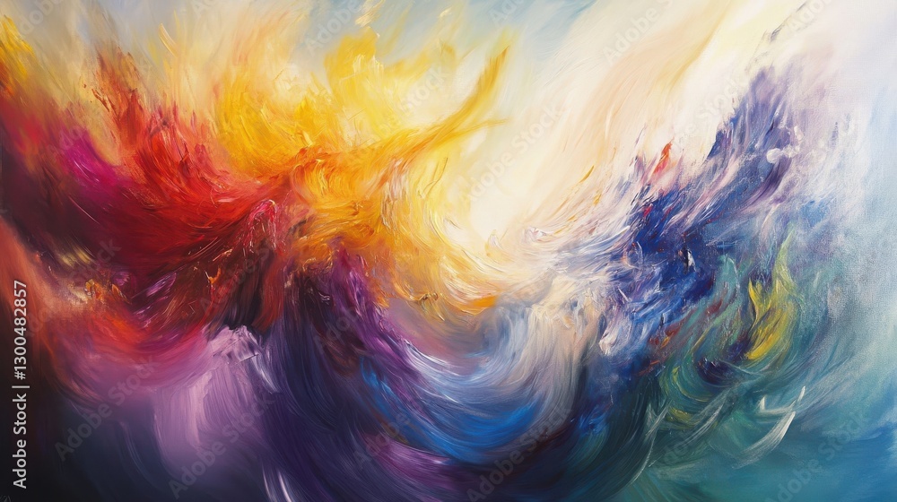 Poster abstract expressionist painting with fluid dynamic shapes and vibrant colors captured using long exp