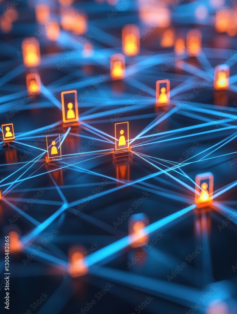 Poster network of interconnected blocks with glowing icons representing people, symbolizing the global reac
