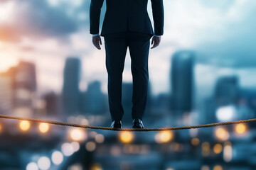 A businessman balances precariously on a tightrope, soaring high above a vibrant city, as ominous storm clouds gather, symbolizing the risks and rewards of corporate life