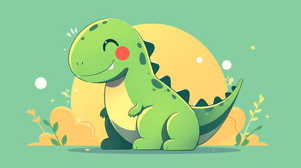 Obraz premium Playful cartoon dinosaur smiling in a vibrant landscape with flowers and a glowing sun backdrop