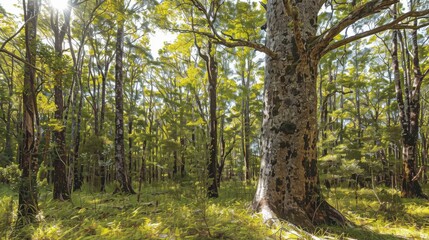 Fototapeta premium Lush Green Forest Landscape with Tall Trees and Sunlight Filtering Through Vibrant Foliage
