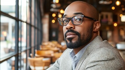 Fototapeta premium Confident man with glasses sitting in a modern cafe enjoying a moment of reflection and relaxation