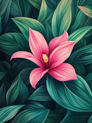 Fototapeta premium Abstract floral in pattern vector background. Blossom wallpaper with green leaves, pink flower in watercolor texture. Spring flowers illustration suitable for fabric, prints, cover.
