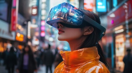 A person wearing augmented reality glasses that provide navigation directions and points of interest, with an immersive digital overlay in a busy urban