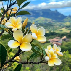 Fototapeta premium A photo of yellow and white frangipani flowers blooming in the mountains, surrounded by green leaves with distant mountain views. 