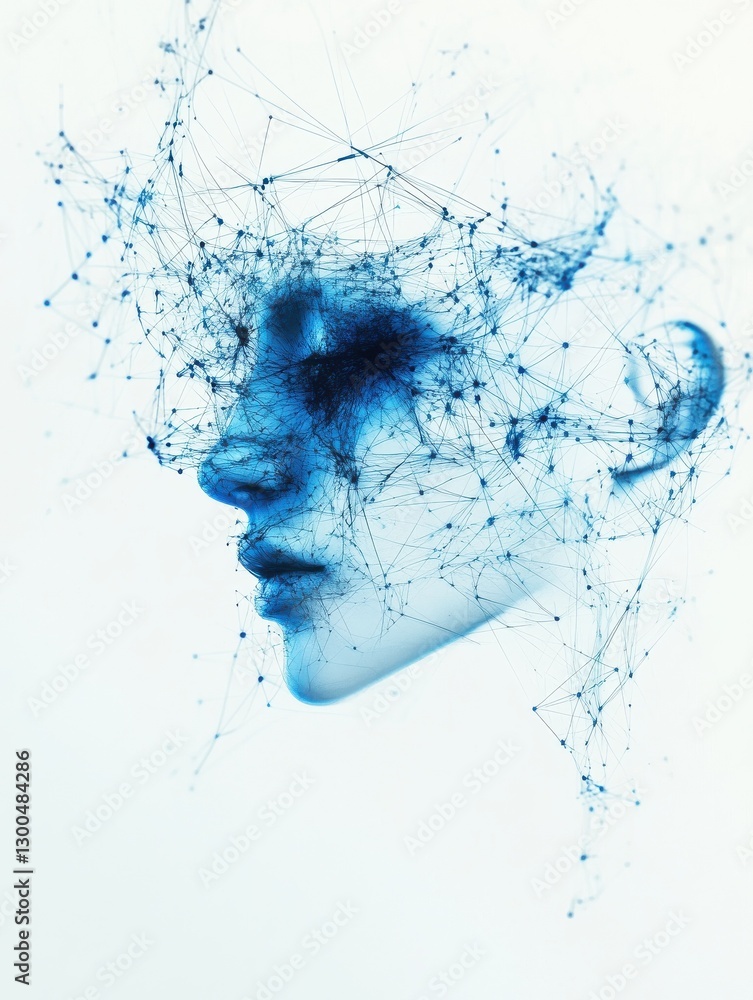 Poster abstract network illustration with interconnected blue nodes and lines on white background, represen