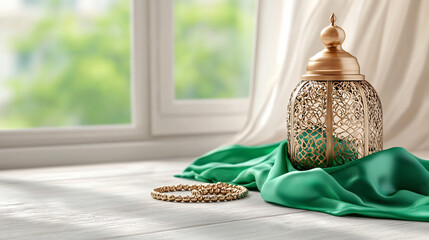 antique brass lantern with intricate cutout patterns projecting geometric shadows across jade green silk cloth with tasbih prayer beads and folded sajjadah in corner traditional Islamic interior