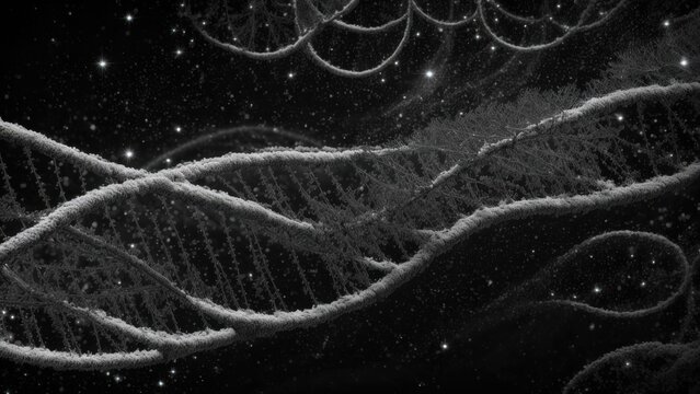 detailed black and white illustration of a DNA double helix, showcasing intricate molecular structure with twisting strands and base pairs. The monochrome style highlights the elegance of genetic codi