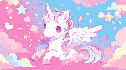A whimsical pastel unicorn with wings frolicking among fluffy clouds and sparkling stars in a dreamy sky