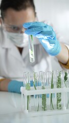 Woman scientist with blue gloves, face mask and protective glasses, is holding a test tube with plants inside in laboratory, vertical portrait view. Science and medicine concept