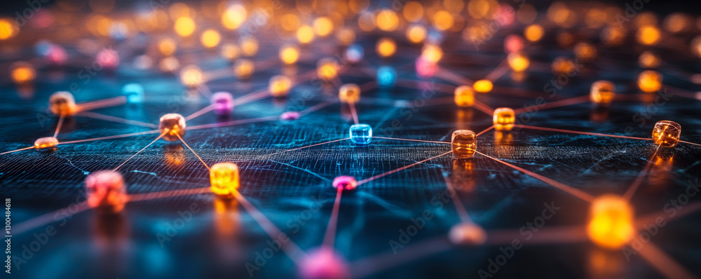 Poster abstract network with colorful nodes and connections representing digital complexity and strategic c