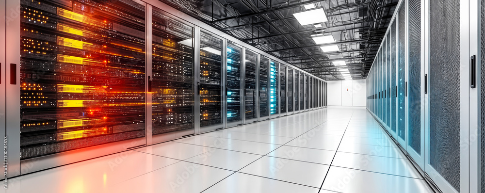 Aufkleber modern high performance datacenter interior with server racks and advanced cooling systems in bright