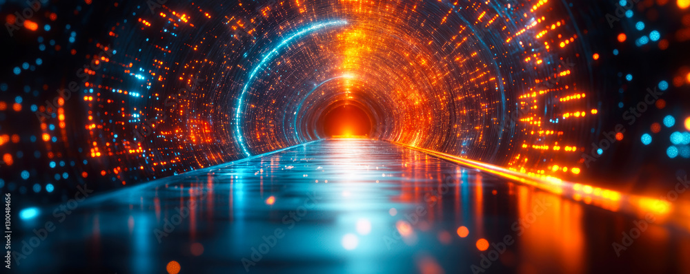 Poster futuristic technology corridor with vibrant neon lights and digital patterns creating infinite persp