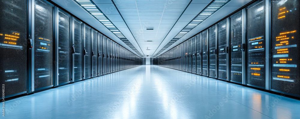 Poster modern data center interior with advanced server racks and concealed cabling in a symmetric futurist