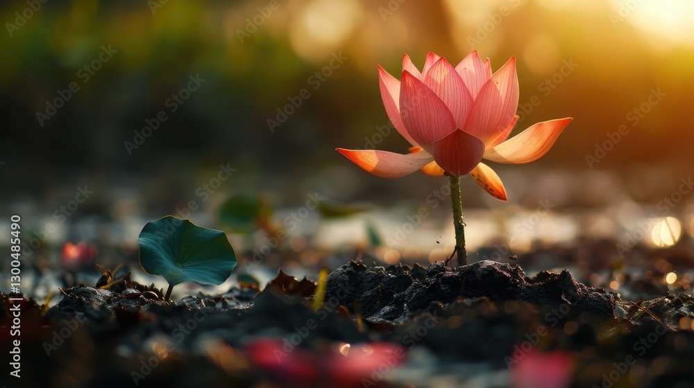 Poster beautiful lotus flower emerging from mud with warm sunlight and soft bokeh background for photograph