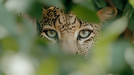 Obraz premium Hidden predator's piercing gaze. The captivating eyes of a wild cat emerge from the leafy foliage, revealing a glimpse into the heart of the wild.