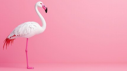 Fototapeta premium A graceful flamingo stands elegantly against a vibrant pink background, showcasing its striking colors and unique posture. Copy space, commercial use, Isolate background