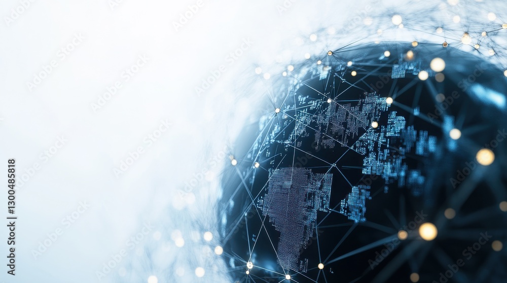 Poster a stylized digital globe with network lines on a white background with abstract square patterns repr
