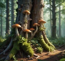Lush green forest with sunlit mushrooms growing out of tree trunks,  Fungi Growth,  Earthy Tones