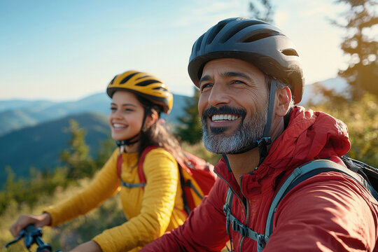 happy father and daughter riding on mountain