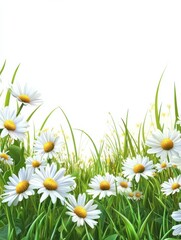 Chamomile field. Green grass, flowers and herbs border. Natural park or meadow isolated on background. Blossom lawn banner