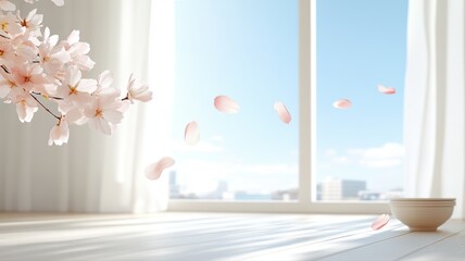 Serene blossom petals floating indoors by a bright window, evoking tranquility and freshness in a minimalist space.