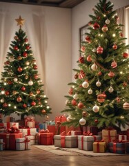 Merry Christmas scene with decorated tree and gifts,  ornaments, Christmas tree