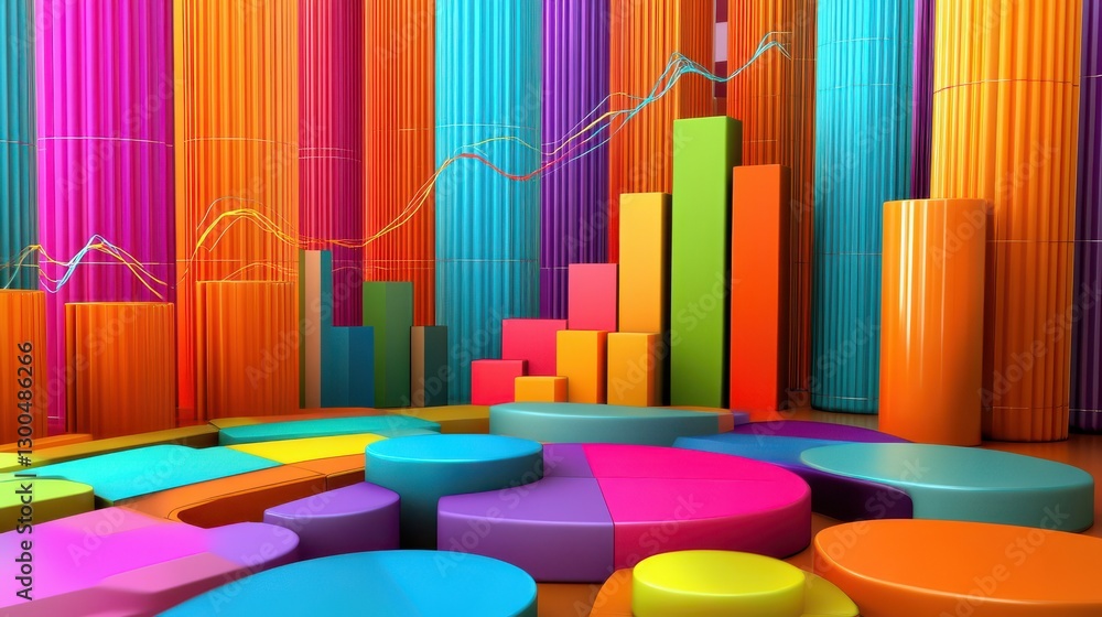 Poster analyzing financial data with colorful charts and graphs on desk