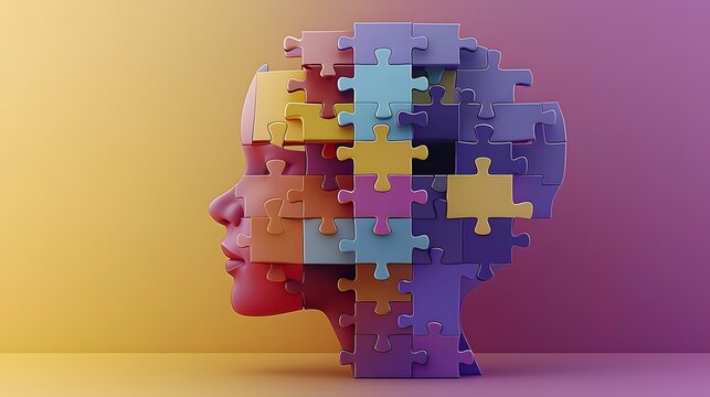 Futuristic and representation of a child s head made entirely of interconnected puzzle pieces radiating bright hues symbolizing creativity and autism awareness - Powered by Adobe