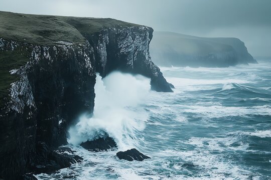 Dramatic rocky coastline with powerful ocean waves crashing against rugged cliffs under a stormy sky, showcasing the raw beauty of nature's formidable power