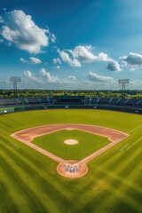 Fototapeta premium Baseball field aerial view with manicured grass, bright blue sky, and stadium lights, showcasing a vibrant sports venue ready for a game day experience.