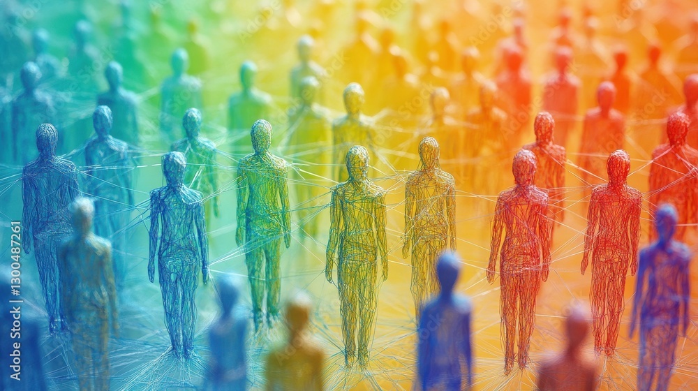 Poster abstract network of colorful people icons connected by lines, representing social interactions and c
