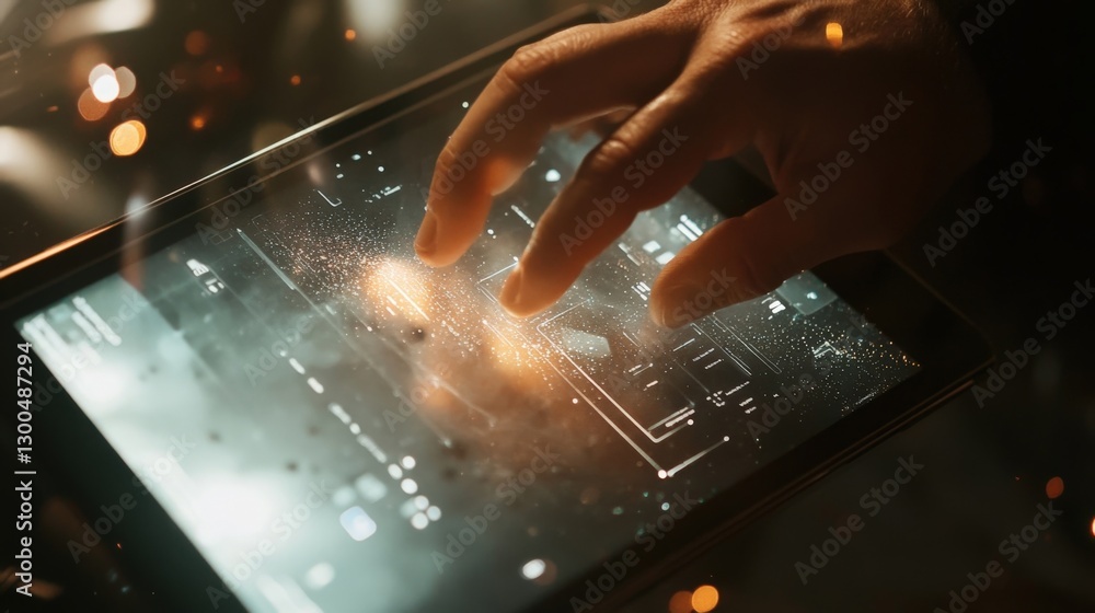 Aufkleber close up of hand interacting with high tech digital tablet, featuring holographic futuristic interfa