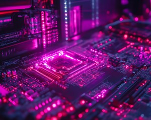 Obraz premium Glowing CPU on Circuit Board, Close-up