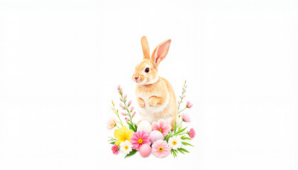 Obraz premium Rabbit surrounded by colorful flowers and Easter eggs