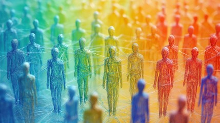 Abstract network of colorful people icons connected by lines, representing social interactions and connections in a digital age.