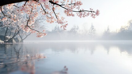 Serene lake view with cherry blossoms in a misty morning, creating a peaceful and tranquil atmosphere.