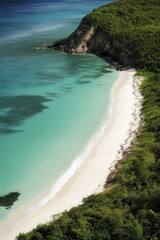 Obraz premium Beautiful tropical beach with white sand, clear turquoise water, lush green hills, serene landscape, travel destination, vacation getaway, nature paradise.
