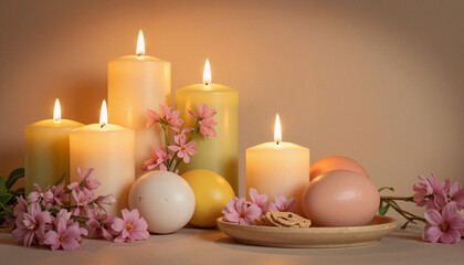 Candle arrangement with flowers and eggs on neutral background
