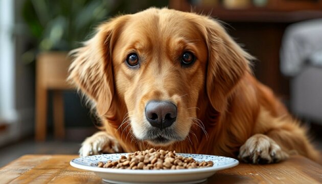 A golden retriever staring at a plate of dog food