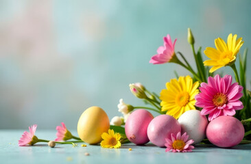 Colorful Easter eggs with fresh spring flowers, vibrant and joyful composition