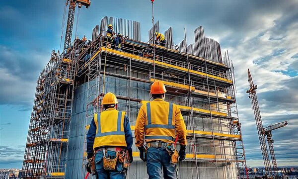 Two construction workers survey a partially built skyscraper with cranes and scaffolding under a cloudy sky.