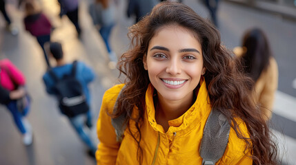 young indian woman standing at urban street