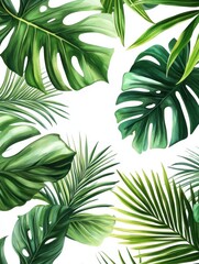 Abstract botanical vector background. Tropical plant wallpaper with foliage, palm, leaves, monstera in hand drawn pattern. Green watercolor botanical design for cover, prints, wall art, decorative.