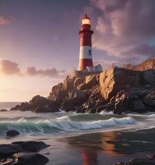 A colorful lighthouse standing tall on rocky coastline, lighthouse, country, lighthouse