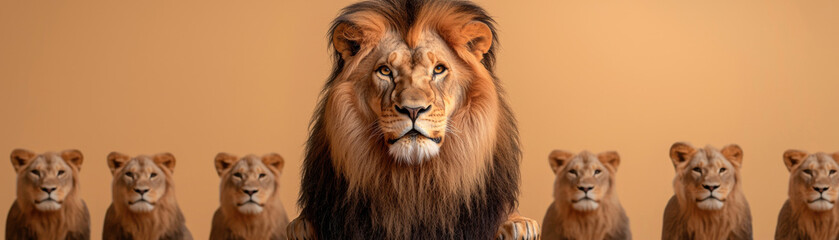 Fototapeta premium Manifest affirmation success. Majestic lion with cubs against a warm, golden background.