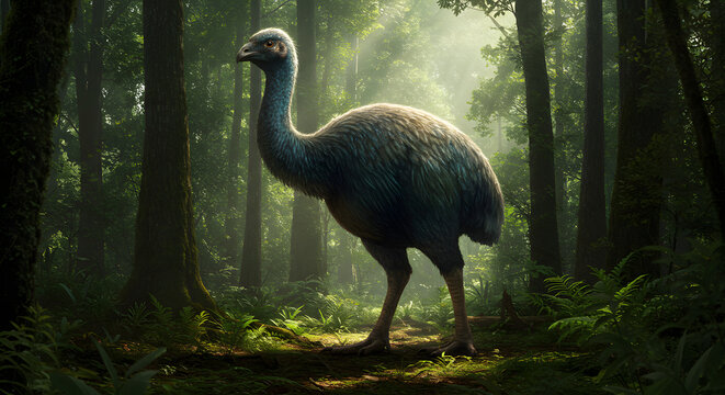 Moa Bird Standing Tall in a Lush Forest with Sunlight Streaming