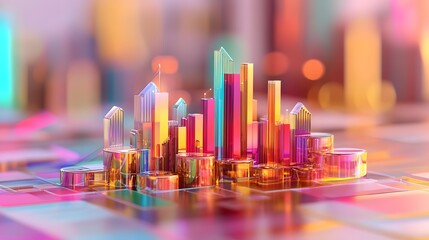 Vibrant Glass Cityscape Abstract 3D Render of Colorful Modern Buildings